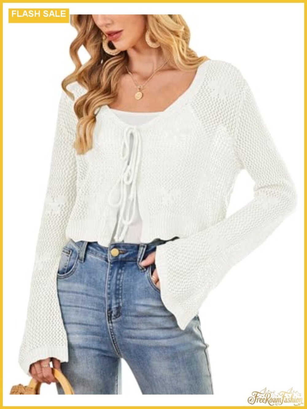 Crochet Tie Front Cardigan Open Knit Bell Sleeve Sweater Lightweight